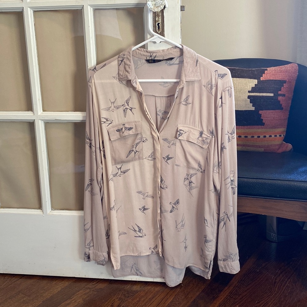 Loose fitting button up with birds